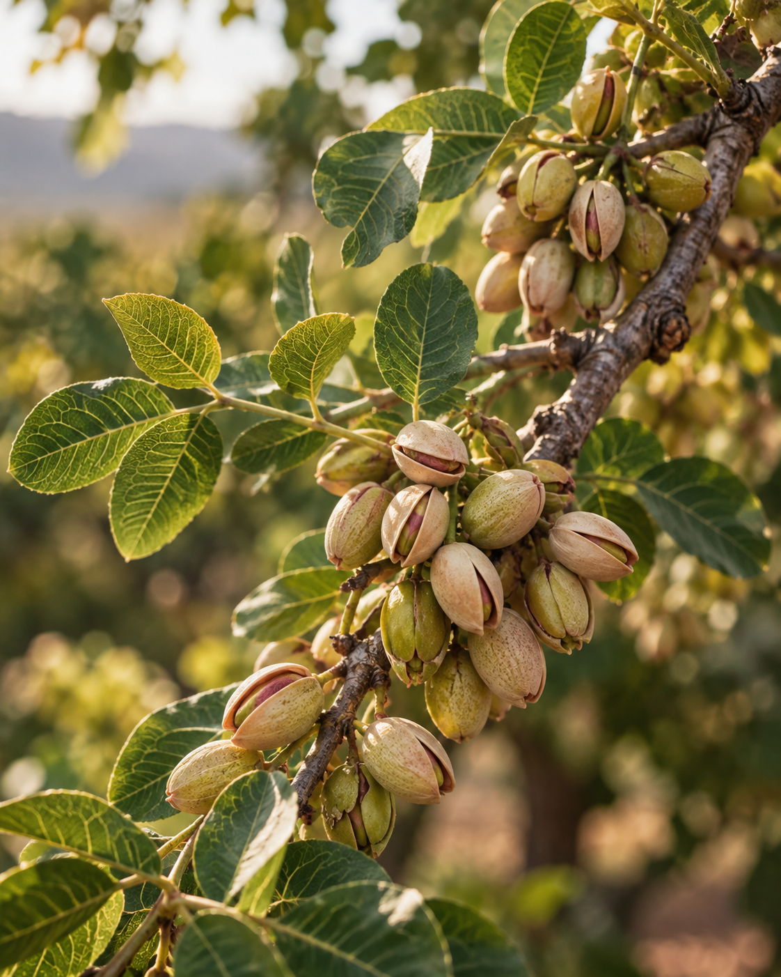 Botanical macro detail of pistachio clusters