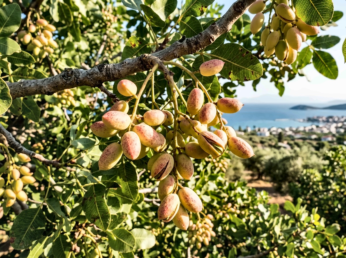 Aegina Greek pistachio variety on branch