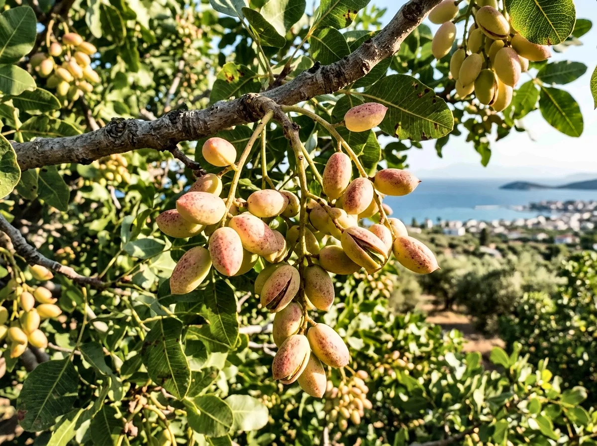 فستق إيجينا اليوناني على الأغصان